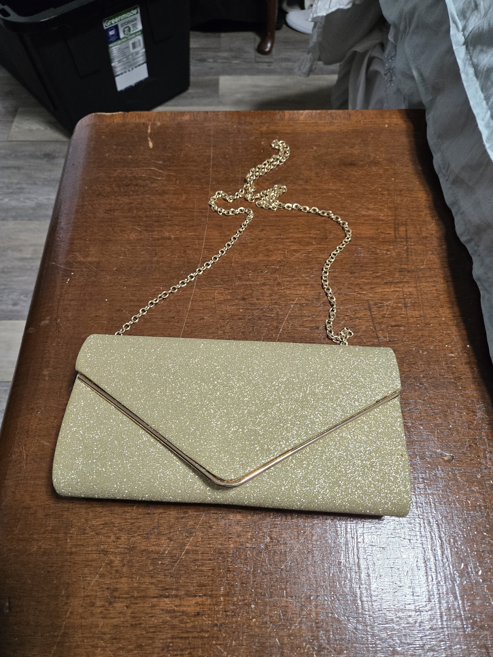 Gold Glitter Envelope Clutch with Chain Strap